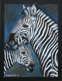 Zebras, Mother & Babe. Watercolour & Gouache on black paper, 620 x 430 mm